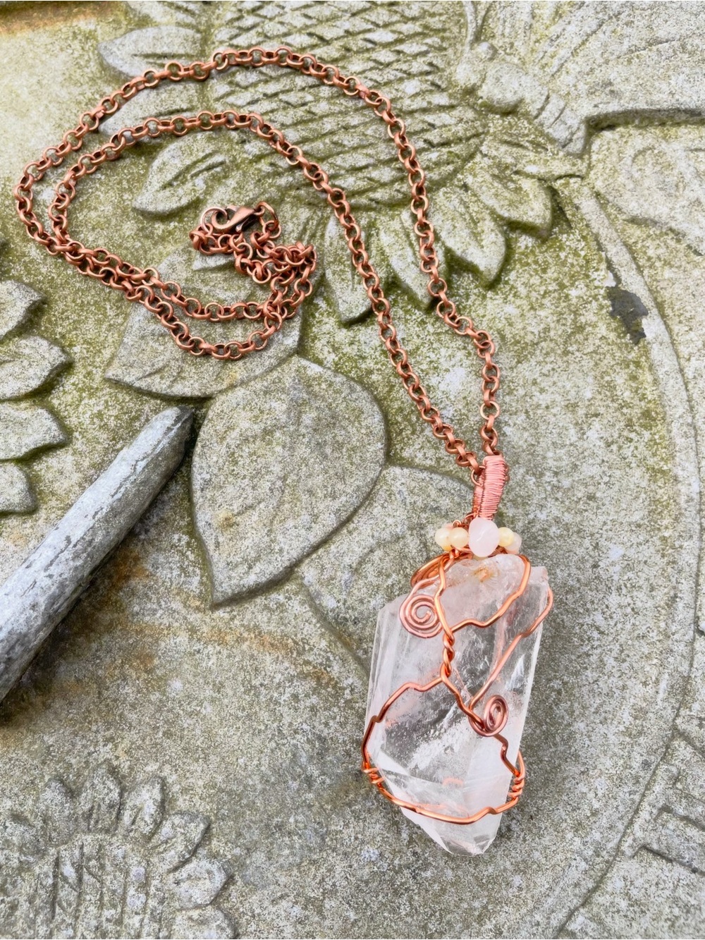 Handcrafted Copper Wire Wrapped Clear Quartz Pendant Necklace